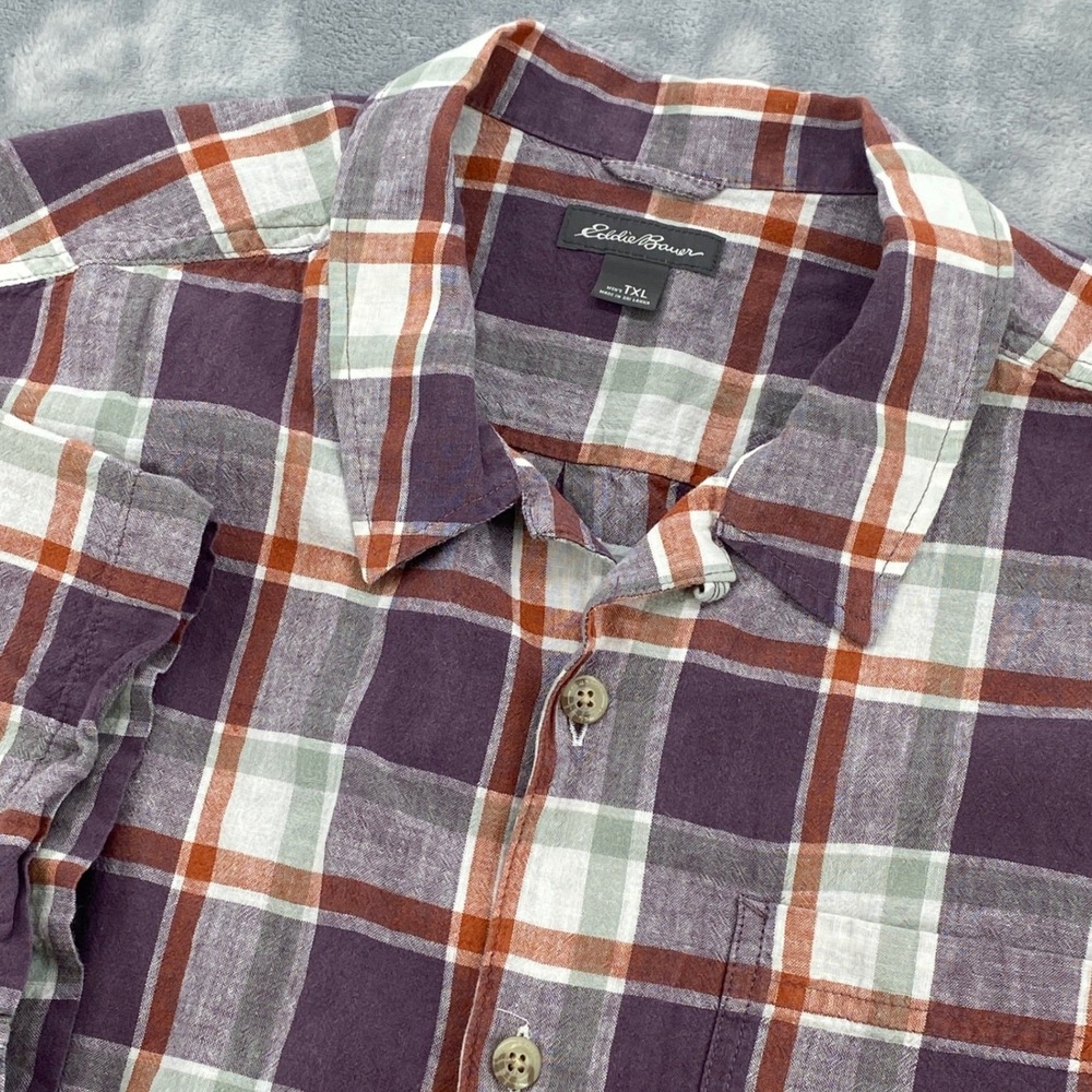 Eddie‎ Bauer Mens TXL Plaid Short Sleeve Linen Cotton Button Down Shirt Purple